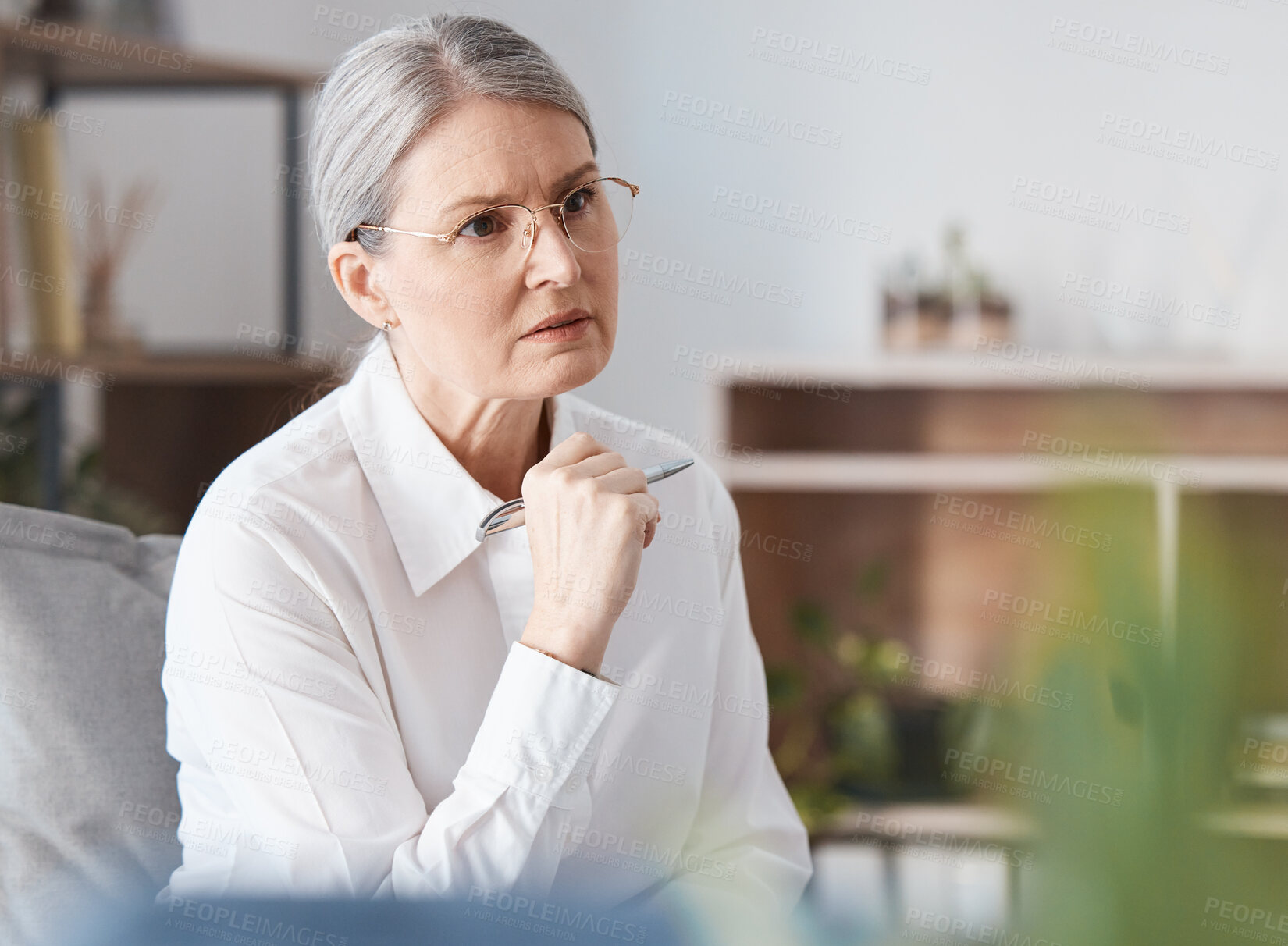 Buy stock photo Serious woman, therapist and listening in therapy session, mental health or psychology healthcare counseling. Female person or psychologist in concern for patient, anxiety or stress in consultation