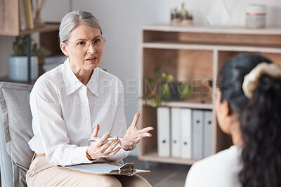 Buy stock photo Woman, therapist and consulting patient for counseling, mental health or psychology in healthcare. Female person or psychologist talking to client in anxiety, stress or issues in therapy consultation
