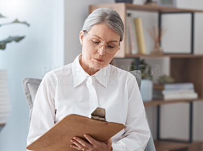 Buy stock photo Woman, therapist and writing on clipboard in consultation for mental health, psychology or healthcare. Female person or psychologist taking notes in therapy session on form or report for counseling