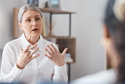 Buy stock photo Woman, therapist and consulting patient in mental health, psychology or healthcare counseling. Female person or psychologist talking to client with anxiety, stress or problems in therapy consultation