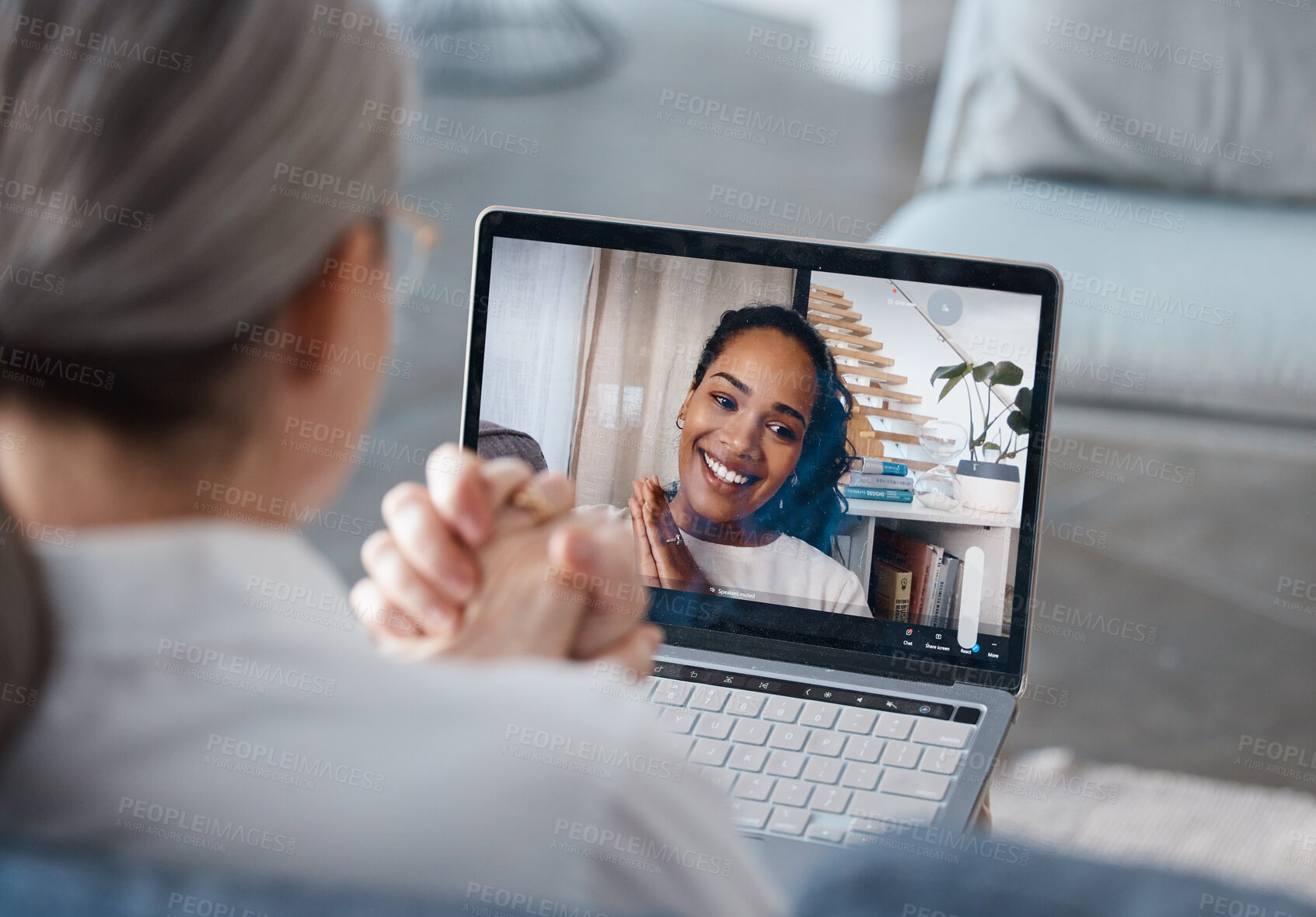 Buy stock photo Woman, laptop and video call for virtual meeting, webinar or consulting in remote work at home. Female person or consultant talking on computer in seminar for networking, therapy and communication
