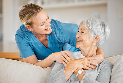 Buy stock photo Healthcare, nurse and happy with old woman on sofa for support, help and caregiver. Retirement, medical and volunteer with senior patient and person in nursing home for elderly care, trust or healing