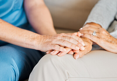 Buy stock photo Healthcare, nurse and hands with old woman on sofa for support, help and caregiver. Retirement, medical and closeup with senior patient and person in nursing home for elderly care, trust or healing