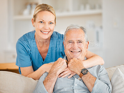 Buy stock photo Retirement, nurse and smile with old man on sofa for support, hug and caregiver. Healthcare, medical and portrait with senior patient and person in nursing home for elderly care, trust or healing