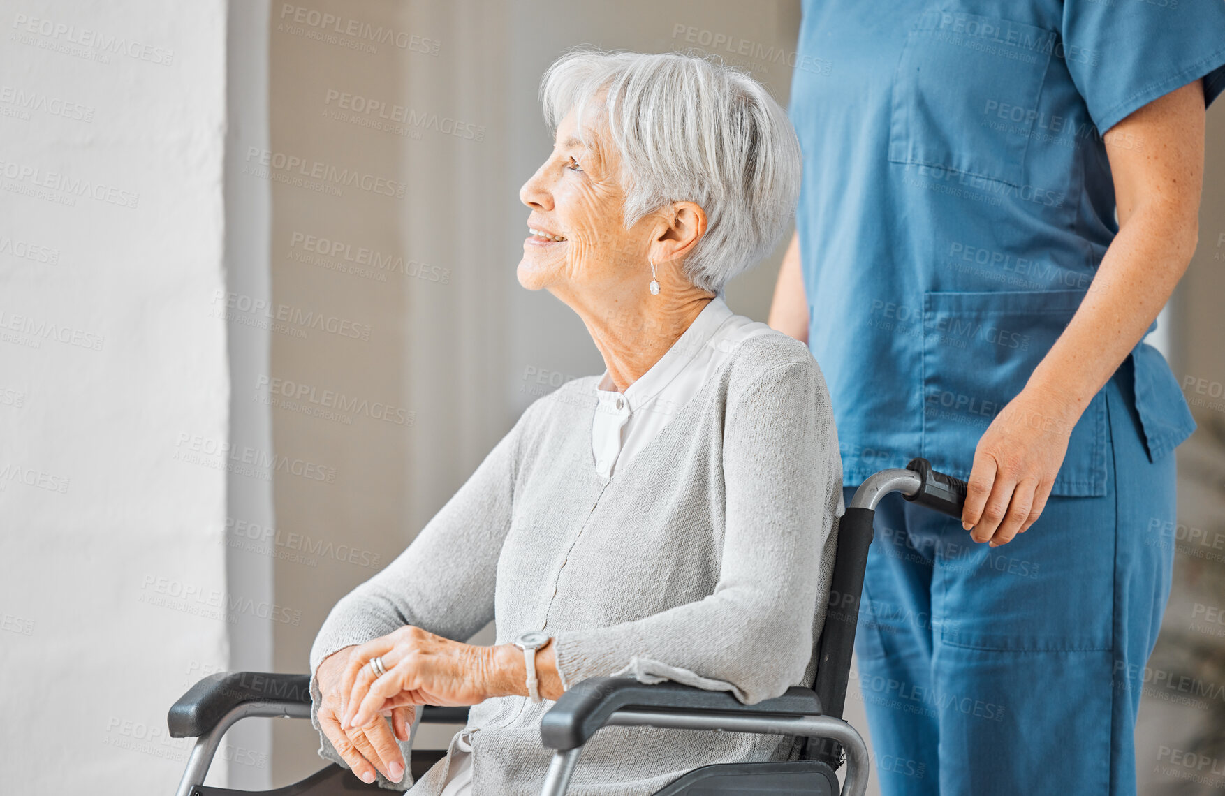 Buy stock photo Home, nurse and senior woman in wheelchair for support, assistance and rehabilitation with smile. House service, caregiver and old person with disability for recovery, retirement and help with push