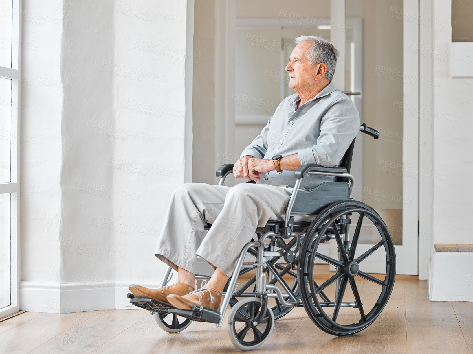 Buy stock photo Memory, thinking and window with old man in wheelchair for retirement, rehabilitation or Parkinson disease. Reflection, recovery and osteoporosis with senior person with a disability in nursing home