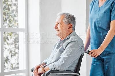 Buy stock photo Home, nurse and senior man in wheelchair for support, assistance and thinking by window. House service, caregiver and old person with disability for recovery, retirement memory and smile for helping