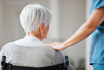 Buy stock photo Nurse, healthcare and empathy with old woman in wheelchair for Parkinson, rehabilitation or help. Medical, caregiver or osteoporosis with back of person with a disability in nursing home for sympathy