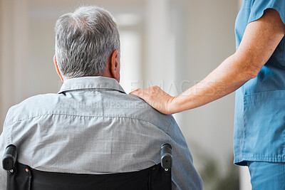 Buy stock photo Nurse, hand and empathy with old man in wheelchair for Parkinson, rehabilitation or support. Medical, caregiver and osteoporosis with back of person with a disability in nursing home for elderly care