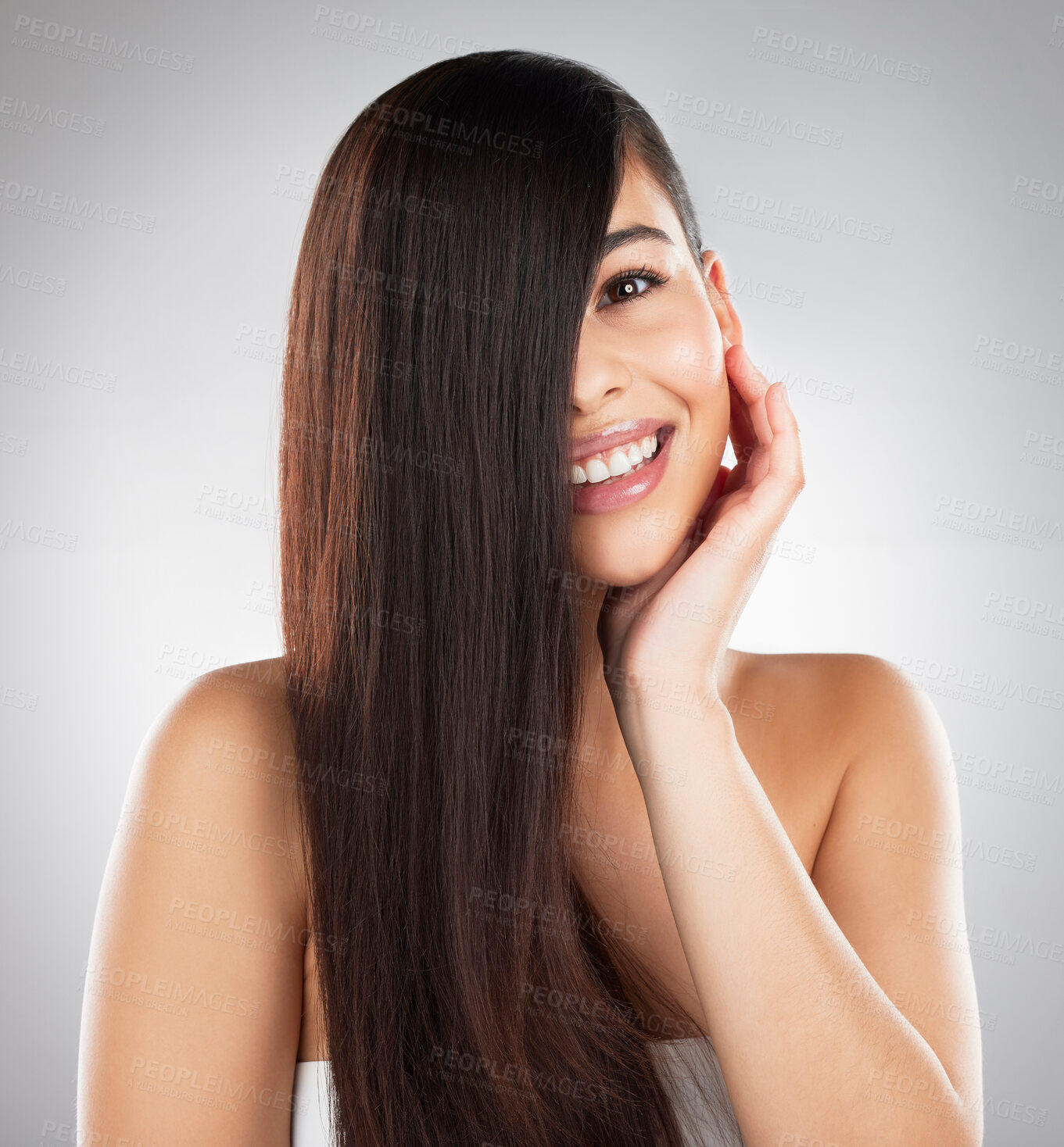 Buy stock photo Portrait, hair care and woman with glow, dermatology or cosmetics on gray studio background. Face, person or model with texture, volume or shine with beauty, wellness or grooming routine with growth