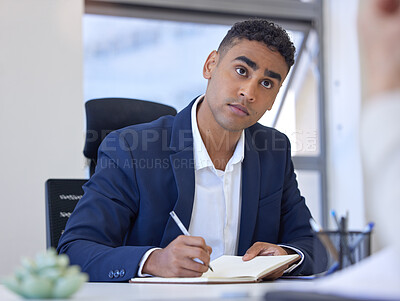 Buy stock photo Office, book and businessman with listening in meeting for performance review, evaluation and planning. Work, desk and professional person with journal for brainstorming, company feedback or solution