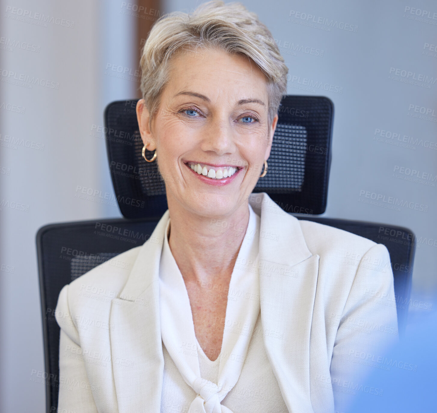 Buy stock photo Interview, smile and mature woman in office for proposal, consultant and happy in company. Senior female advisor, meeting and consultation with recruit for onboarding, workplace and agent or leader