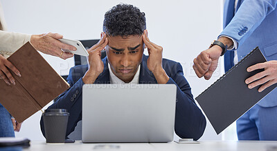 Buy stock photo Headache, burnout and overwhelmed businessman surrounded in busy office with stress, paperwork and laptop. Frustrated, overworked and tired employee with anxiety from deadline time pressure crisis.