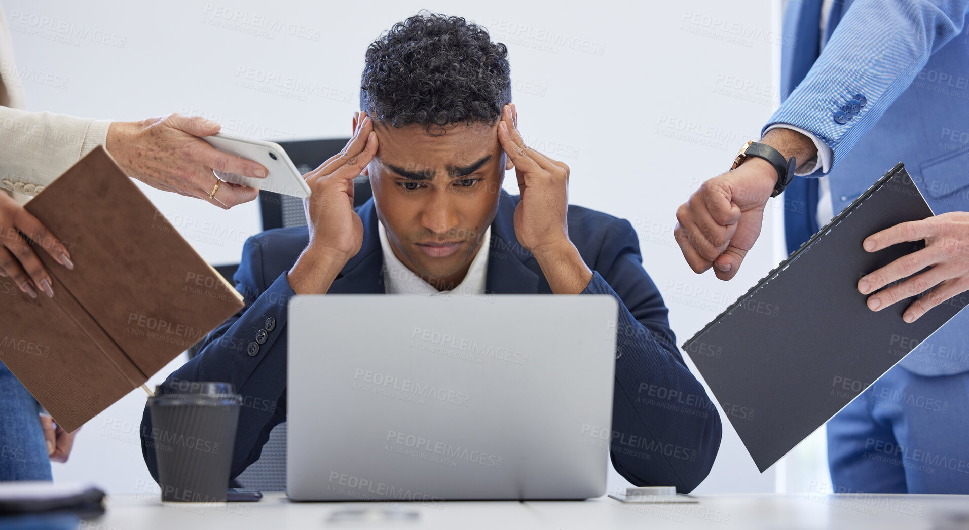 Buy stock photo Headache, burnout and overwhelmed businessman surrounded in busy office with stress, paperwork and laptop. Frustrated, overworked and tired employee with anxiety from deadline time pressure crisis.