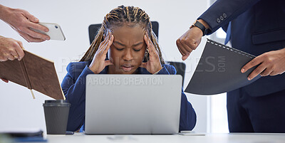 Buy stock photo Headache, business and overwhelmed black woman surrounded in busy office with stress, paperwork and laptop. Frustrated, overworked and tired employee with anxiety from deadline time pressure crisis.