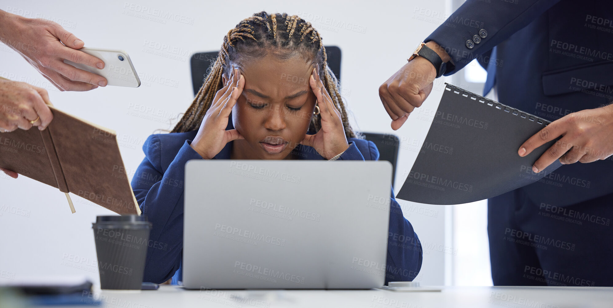 Buy stock photo Headache, business and overwhelmed black woman surrounded in busy office with stress, paperwork and laptop. Frustrated, overworked and tired employee with anxiety from deadline time pressure crisis.