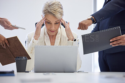 Buy stock photo Headache, burnout and overwhelmed business woman surrounded in busy office with stress, paperwork and laptop. Frustrated, overworked and tired employee with anxiety from deadline time pressure crisis