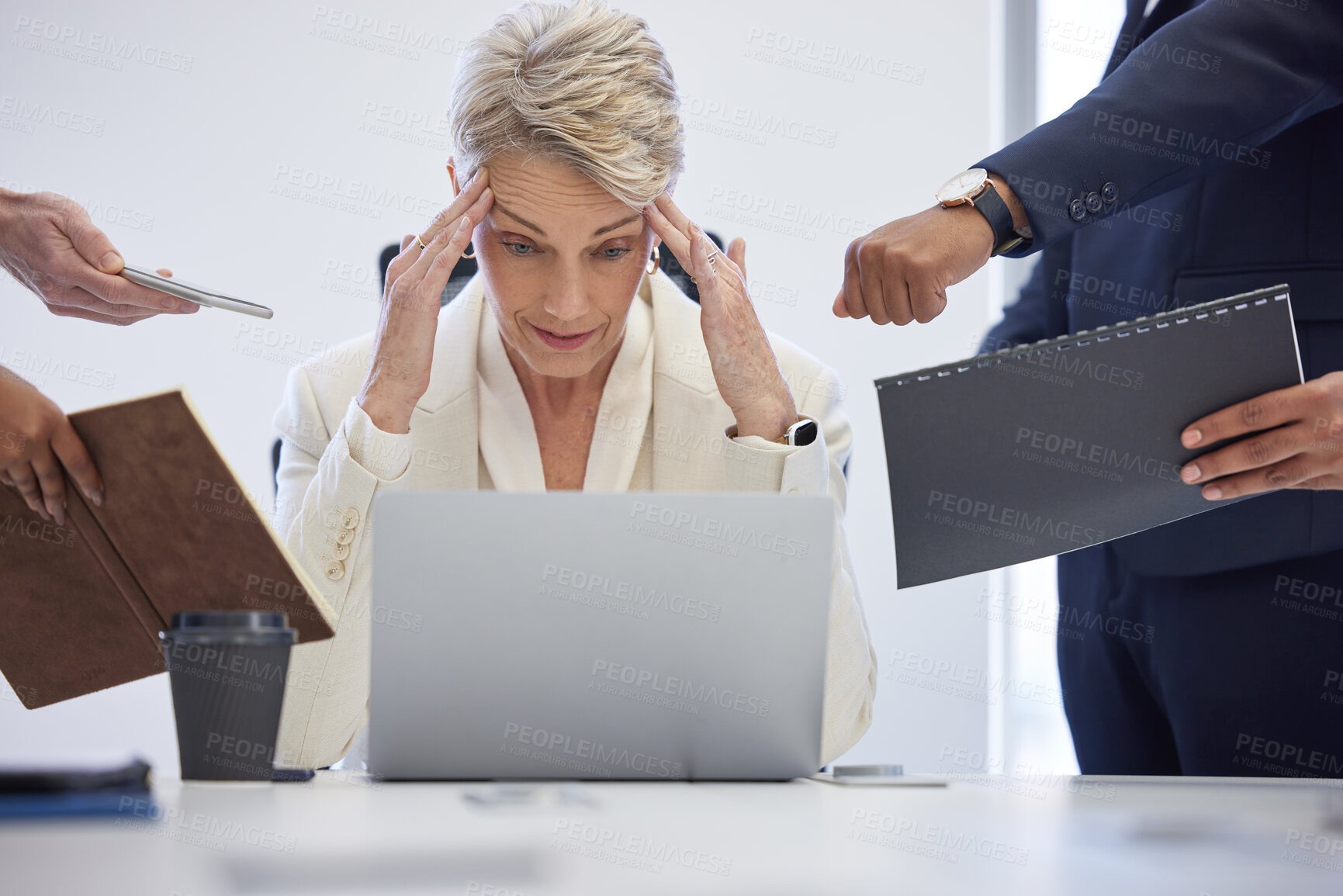 Buy stock photo Headache, burnout and overwhelmed business woman surrounded in busy office with stress, paperwork and laptop. Frustrated, overworked and tired employee with anxiety from deadline time pressure crisis