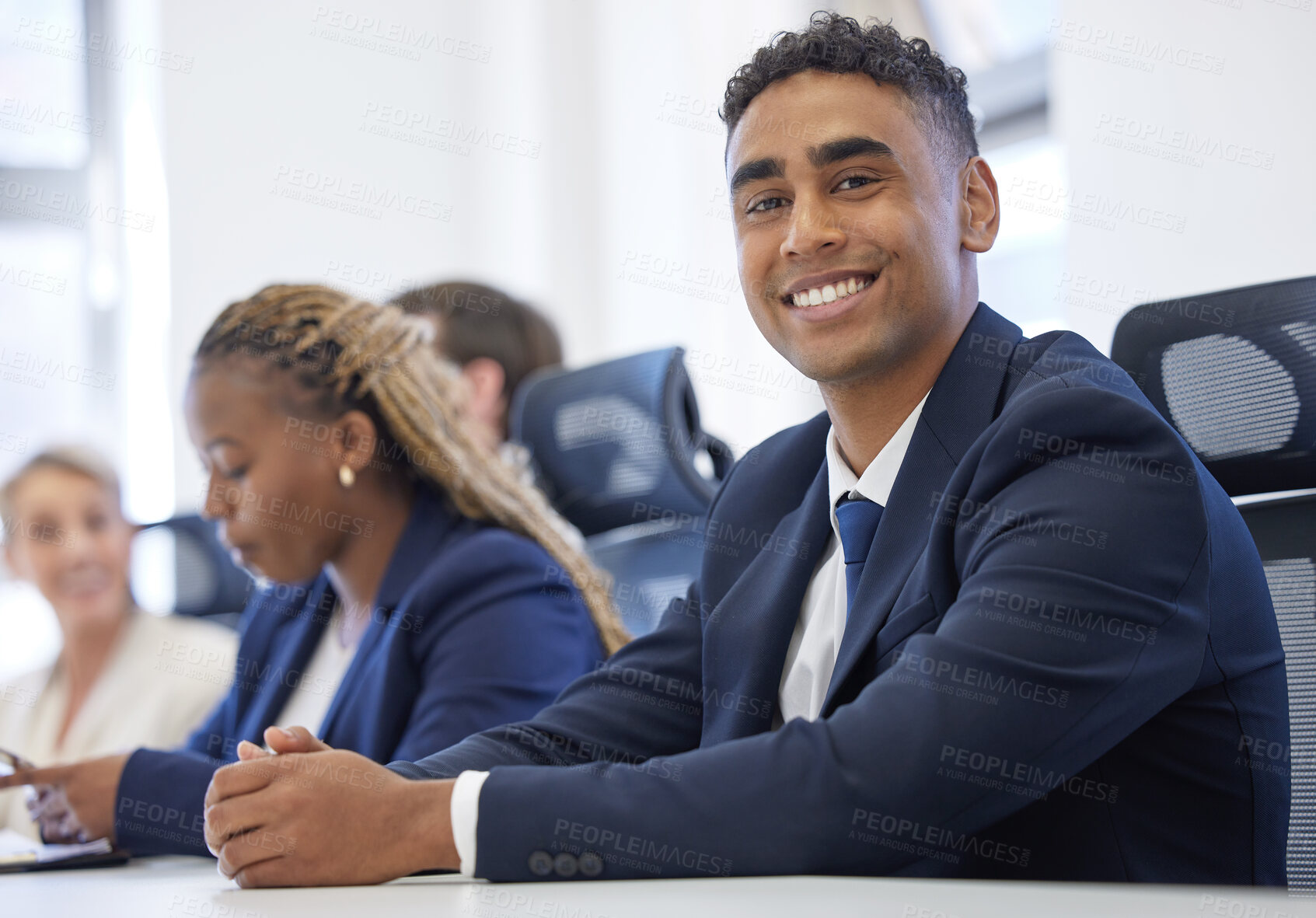 Buy stock photo Business man, portrait and boardroom meeting or brainstorming for financial report, review or feedback. Colleagues, diversity and conference room or teamwork for investment, growth or collaboration