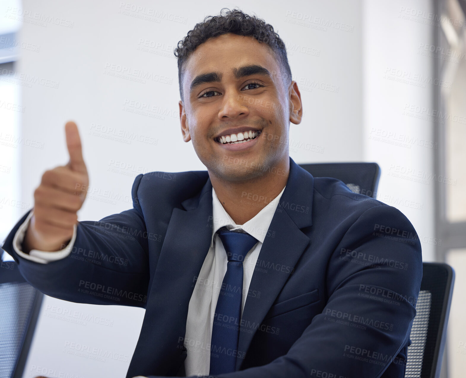 Buy stock photo Businessman, portrait and thumbs up for support in office, promotion and motivation for company. Male person, thank you emoji and employee in workplace, agreement and satisfaction for target or goal