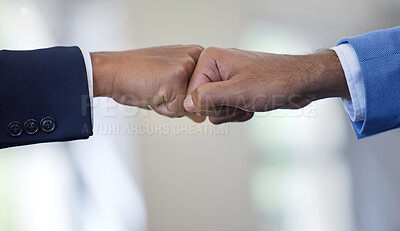 Buy stock photo Business people, hands and teamwork fist bump for deal approval or b2b collaboration, agreement or victory. Hand gesture, connection and corporate partnership for financial growth, good job or future