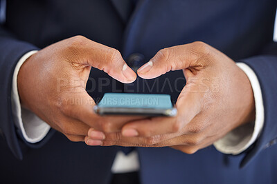 Buy stock photo Businessman, hands and typing on phone for email in office, networking and app for communication. Male person, internet and lawyer for legal research on website, planning and texting or online news