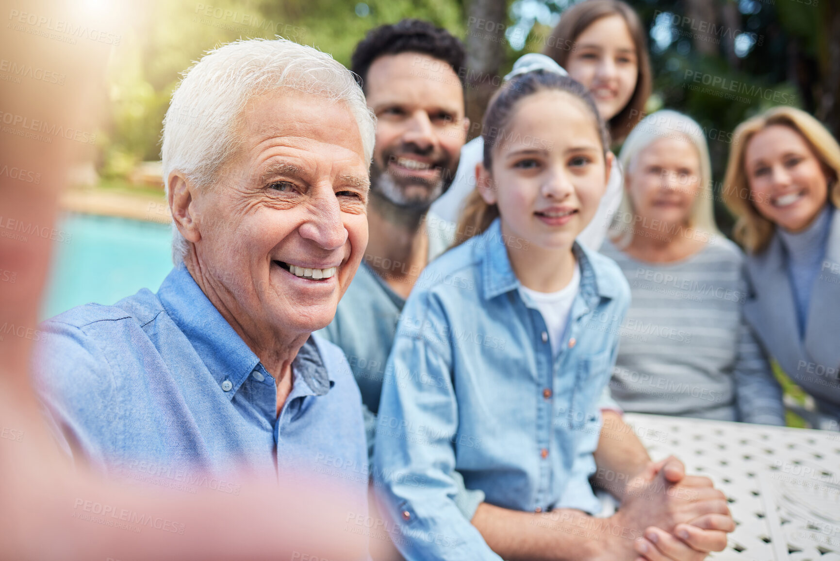 Buy stock photo Family, generations and smile with selfie in backyard at home for social media and profile picture in Germany. People, grandparents and parents with kids in portrait for bonding, support and care