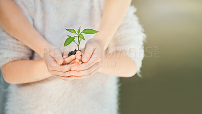 Buy stock photo Shot of unrecognizable girls holding a plant outside