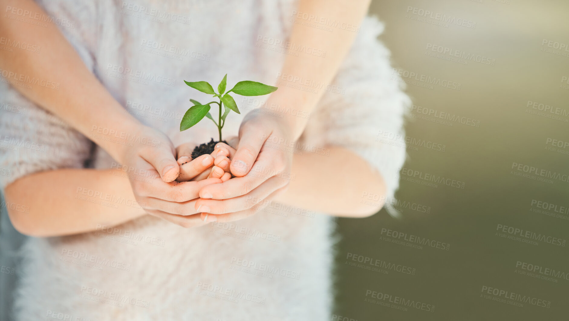 Buy stock photo Nature, sustainability and friends with plant in garden for eco friendly future, hope and organic growth. Seedling, hobby and young agro children holding soil and greenery outside in park for support