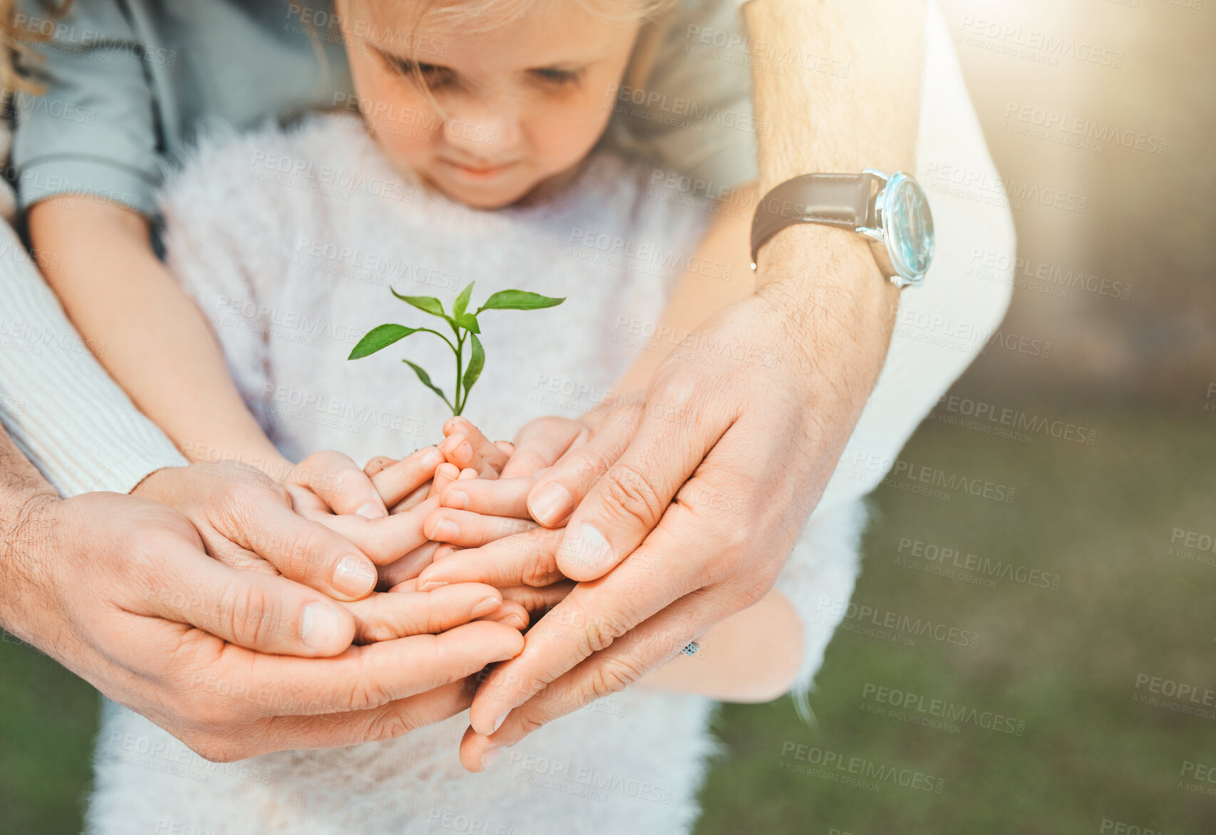 Buy stock photo Nature, sustainability and family with plant in garden for eco friendly future, hope and organic growth. Seedling, hobby and young agro people holding soil and greenery outside in park for support