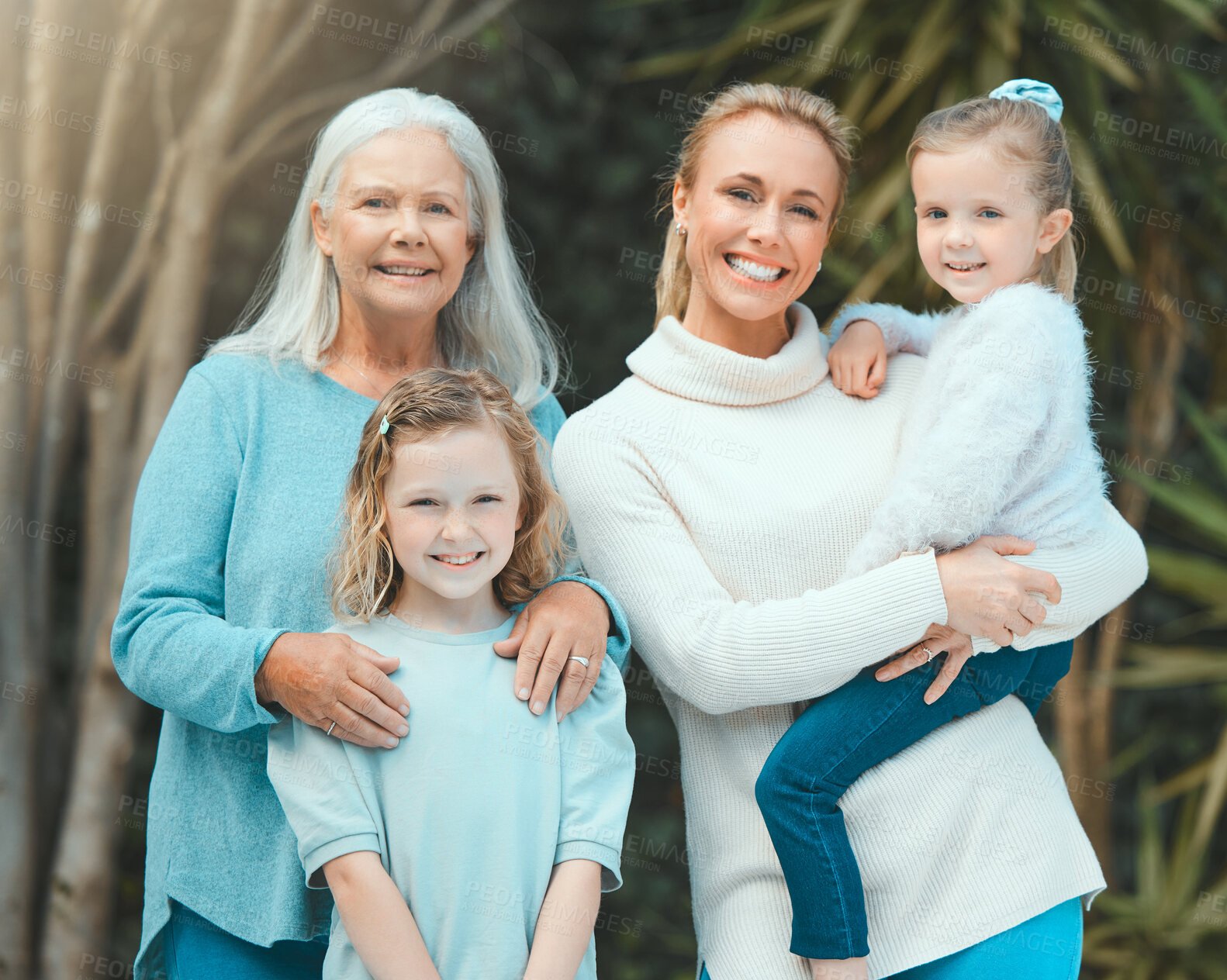 Buy stock photo Portrait, happy mother and kids with grandmother outdoor for holiday, family vacation and travel together in nature. Face, smile and girls with mom, grandparent and generations bonding in Australia