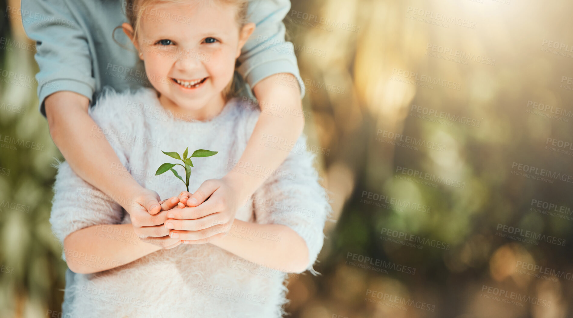 Buy stock photo Outdoor, girls and happy on portrait with plant for environmental friendly, future and earth day. Female person, kid and smile or satisfied with green crop for preservation and community service