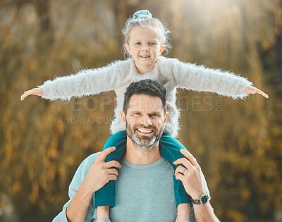 Buy stock photo Portrait, man and kid on shoulder for outdoor, bonding together and family in backyard or garden. Male person, child and affection for love, support or happiness with trust, play and joy in Australia