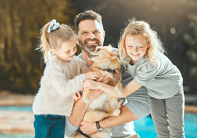 Buy stock photo Shot of a man spending time outdoors with his two daughters