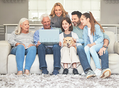 Buy stock photo Big family, happy and relax with laptop on sofa for internet, connection and watching movie together. Parents, grandparents and children with dog at home for streaming, network or online film website