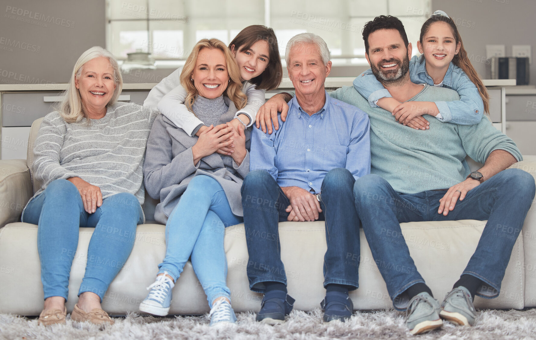 Buy stock photo Home, people and portrait of big family on sofa for bonding, love and relaxing in house together. Happy, parents and grandparents with smile in living room for connection, support or break on weekend