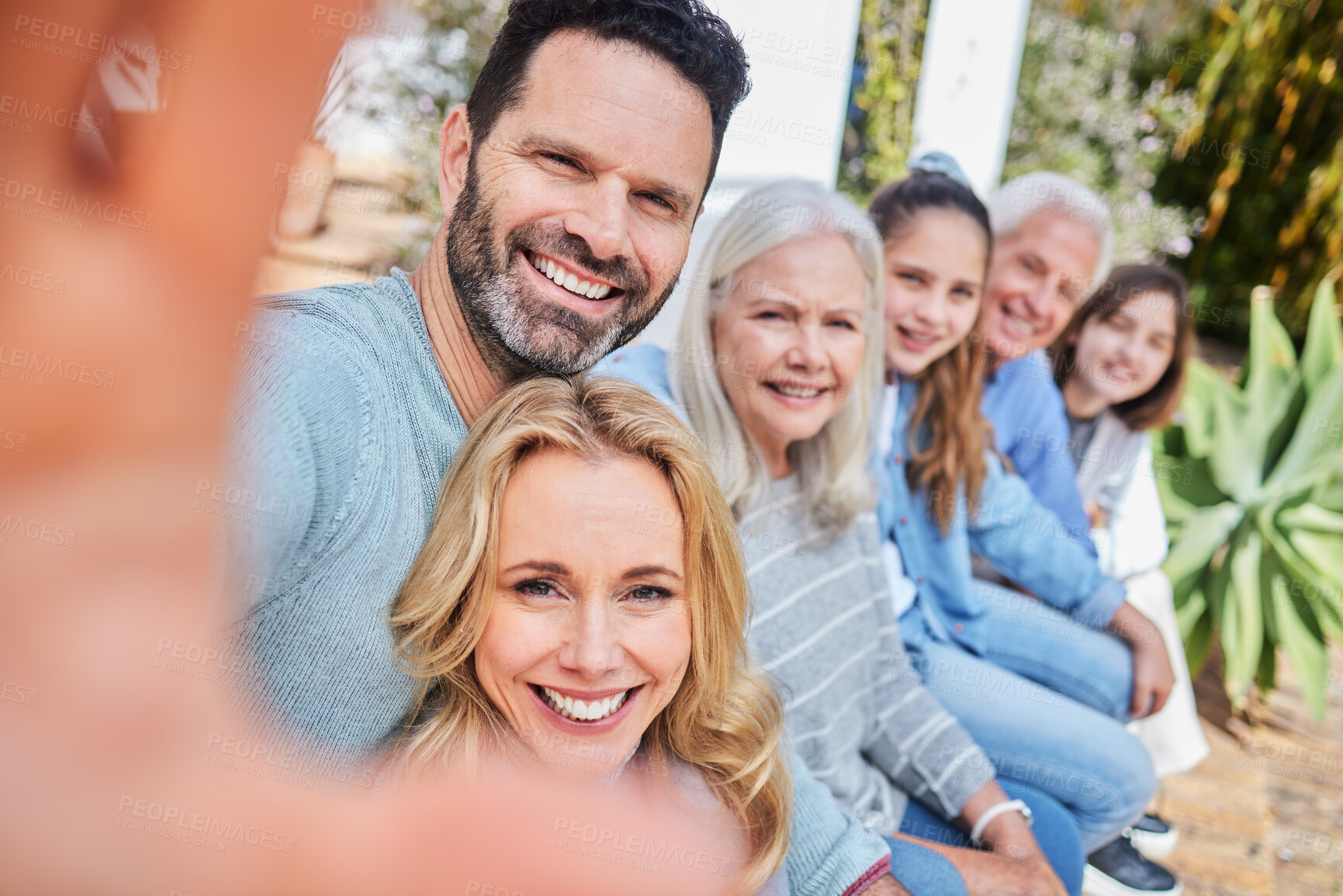 Buy stock photo Big family, portrait or grandparents in outdoor selfie on porch to relax together for love, care or support. Smile, photo or mom with dad, kids or happy senior people for bonding in backyard of home