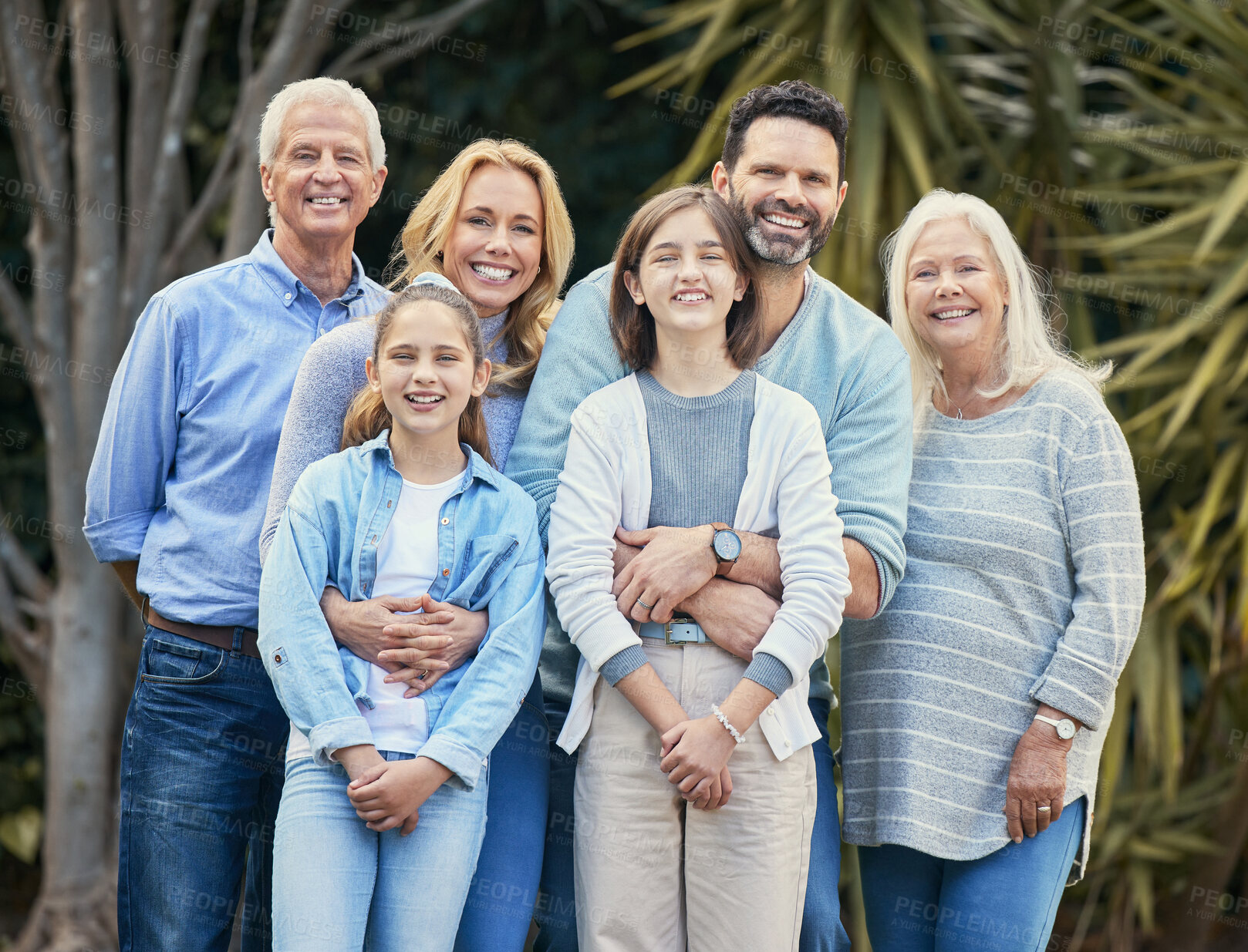 Buy stock photo Generations, family and unity in garden on portrait for gathering, visit and bonding in Canada. People, love and support with smile in confidence for care, trust and solidarity on break at home