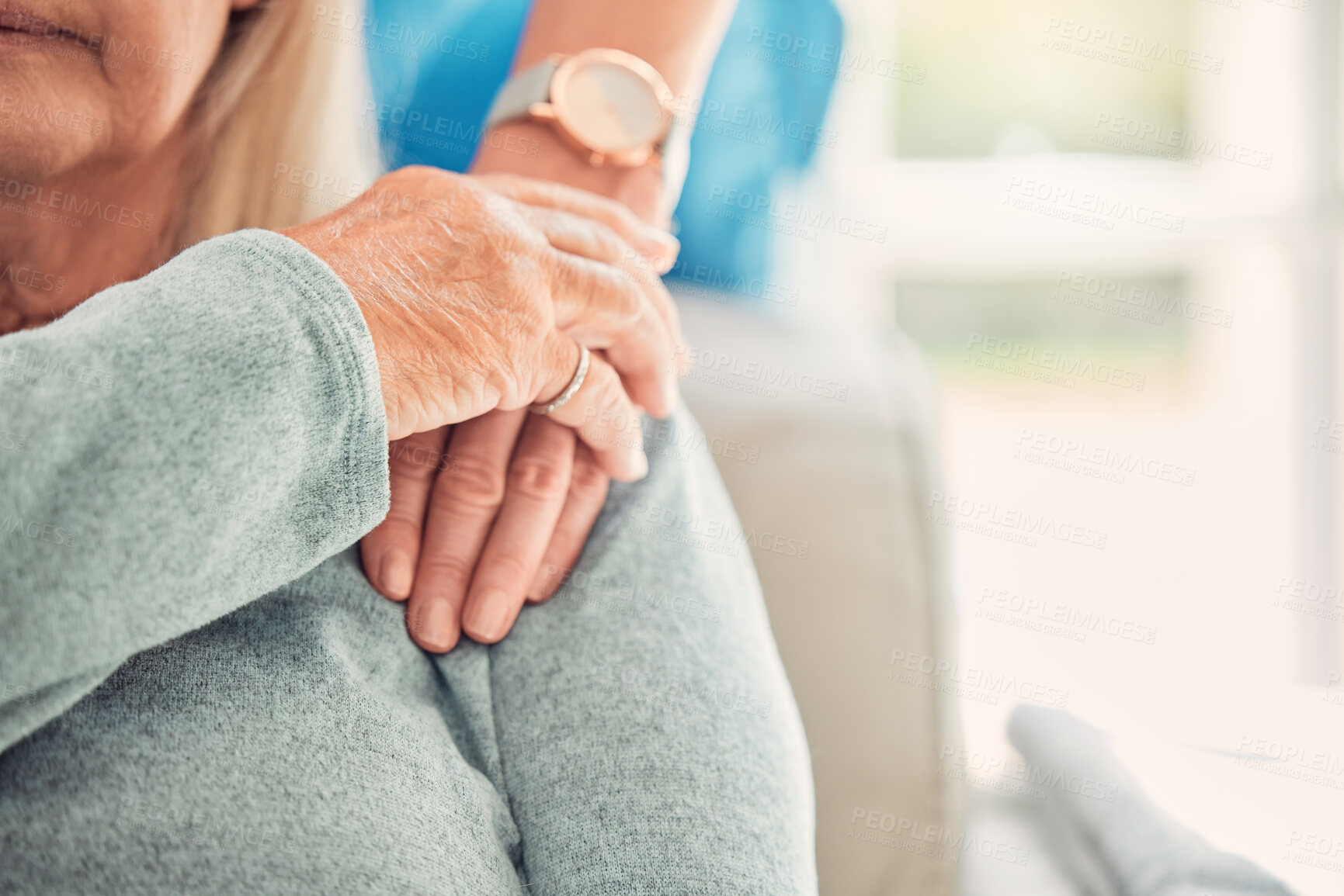 Buy stock photo Nurse, senior or patient holding hands in closeup for support, checkup or elderly care for patient and service. Retirement, rehabilitation or caregiver with empathy for wellness, help or old woman