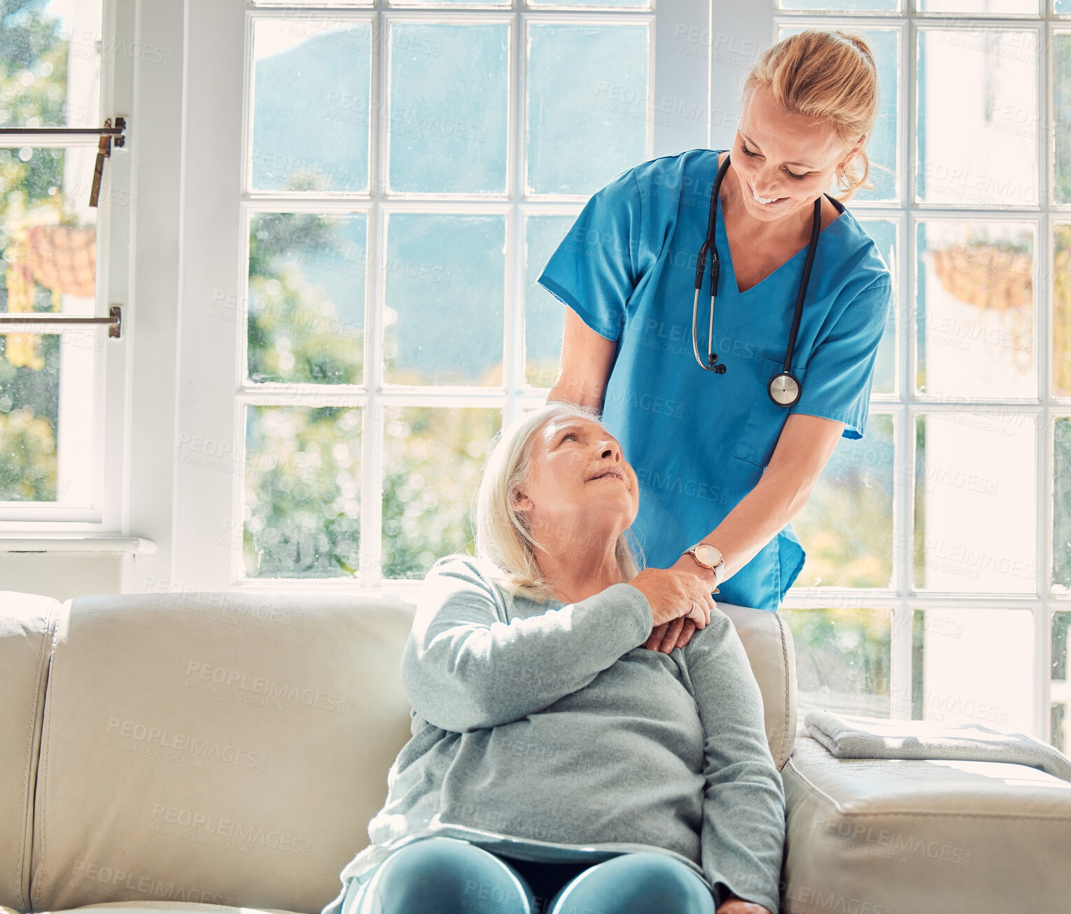 Buy stock photo Nurse, senior or person holding hands in retirement home for support, checkup or elderly care for patient or service. Smile, rehabilitation or caregiver with visit for empathy, help or consultation