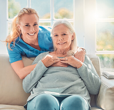 Buy stock photo Smile, elderly woman or portrait of nurse for support, checkup or senior care service for patient. Retirement home, rehabilitation or caregiver with trust for wellness, help or consultation in clinic