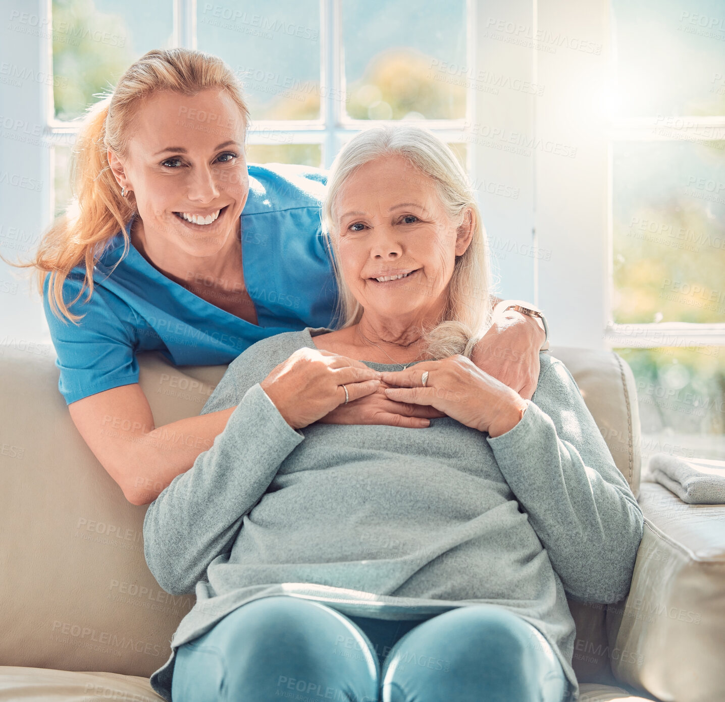 Buy stock photo Smile, elderly woman or portrait of nurse for support, checkup or senior care service for patient. Retirement home, rehabilitation or caregiver with trust for wellness, help or consultation in clinic