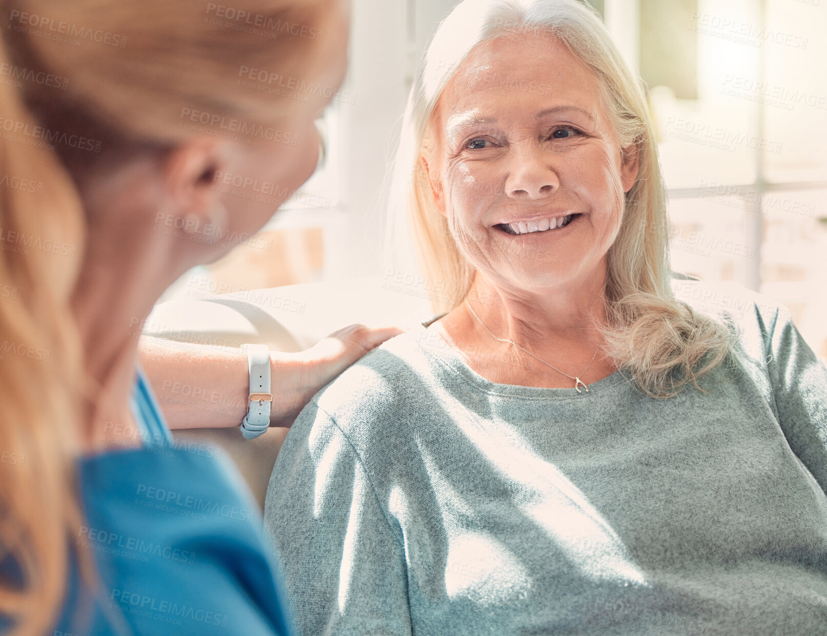 Buy stock photo Nurse, senior or old woman in clinic talking for support, checkup or elderly care for patient or service. Retirement, rehabilitation or happy caregiver with smile for wellness, advice or consultation