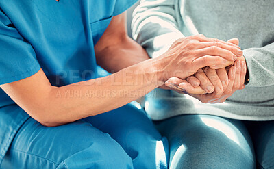 Buy stock photo Holding hands, support and caregiver with senior person for care and trust in a nursing home for people in retirement. Nurse, help and elderly woman or patient with a professional for medical advice