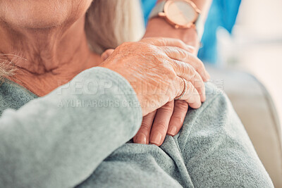 Buy stock photo Nurse, shoulder or old woman with helping hand closeup for support, checkup or elderly care for patient or service. Retirement, rehabilitation or caregiver with empathy for wellness, trust or visit