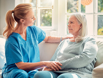 Buy stock photo Senior woman, nurse and empathy in nursing home for care, support and help on sofa. Elderly person, caregiver and trust in retirement for comfort, counseling or therapy in assisted living for healing