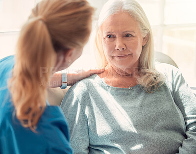 Buy stock photo Elderly woman, nurse and empathy in nursing home for care, support or smile for help. Senior person, caregiver or trust in retirement for comfort, counseling or therapy in assisted living for healing