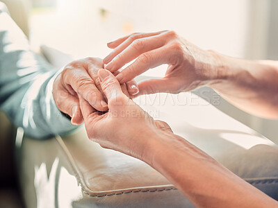 Buy stock photo Nursing home, hands and old woman with massage, caregiver and healthcare with comfort. Closeup, people and patient with professional, wrinkles and support with arthritis, joint pain and injury