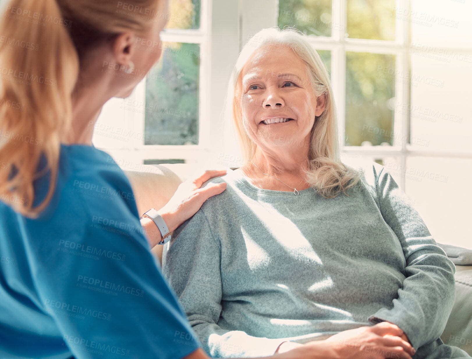 Buy stock photo Elderly woman, nurse or happy in nursing home for empathy, care or smile for support. Senior person, caregiver or trust in retirement for comfort, counseling or therapy in assisted living for healing