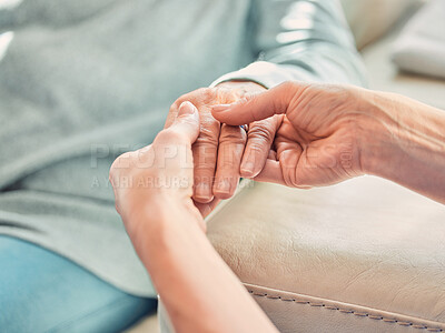 Buy stock photo Hands, elderly woman or nurse in nursing home for care, massage or relief for arthritis. Senior person, caregiver or therapy on sofa for healthcare, healing or support in rehabilitation for mobility